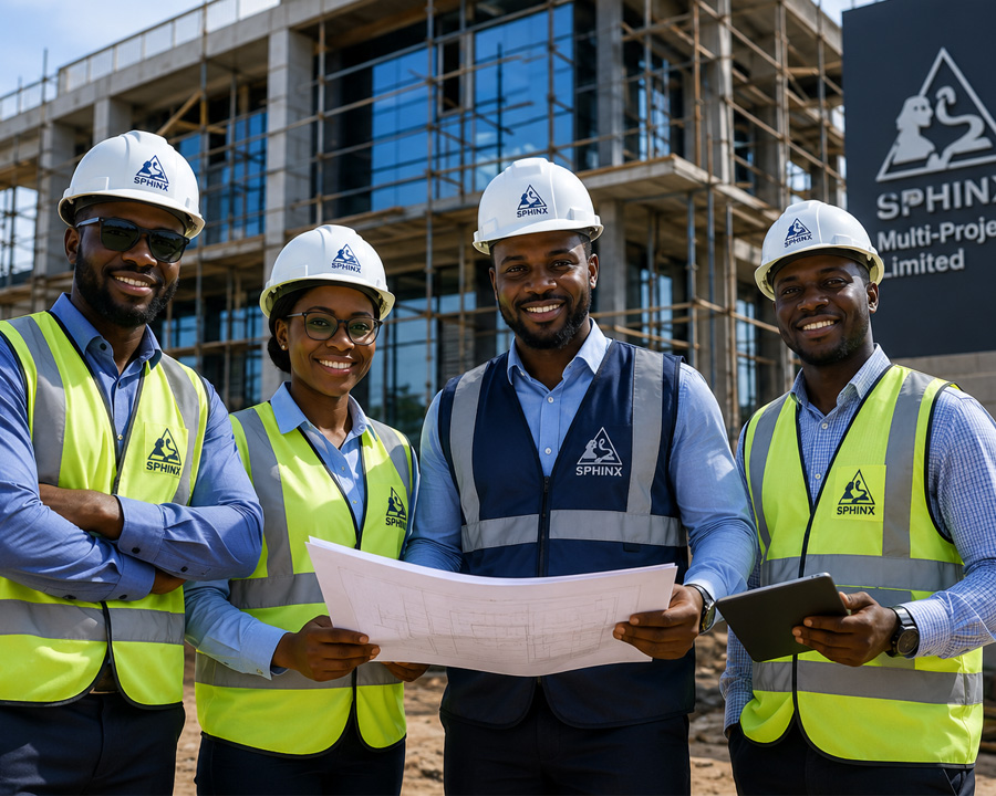 Team portrait: Sphinx project managers on site, hard hats and high-vis