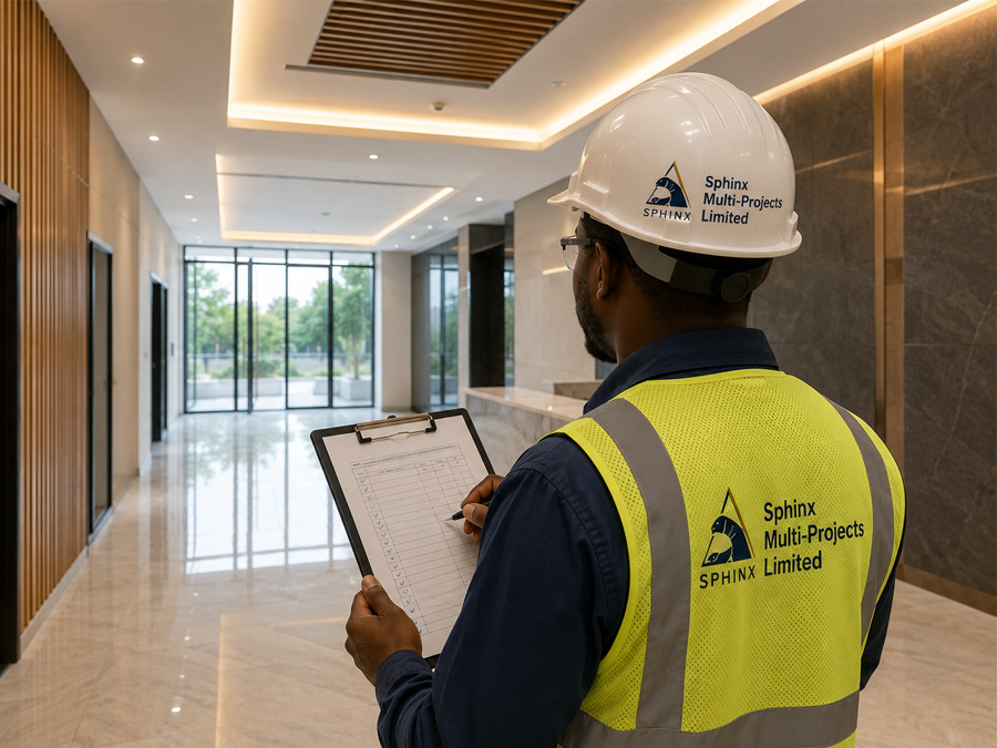 Site walk-through: Sphinx engineers reviewing structural drawings on an active build